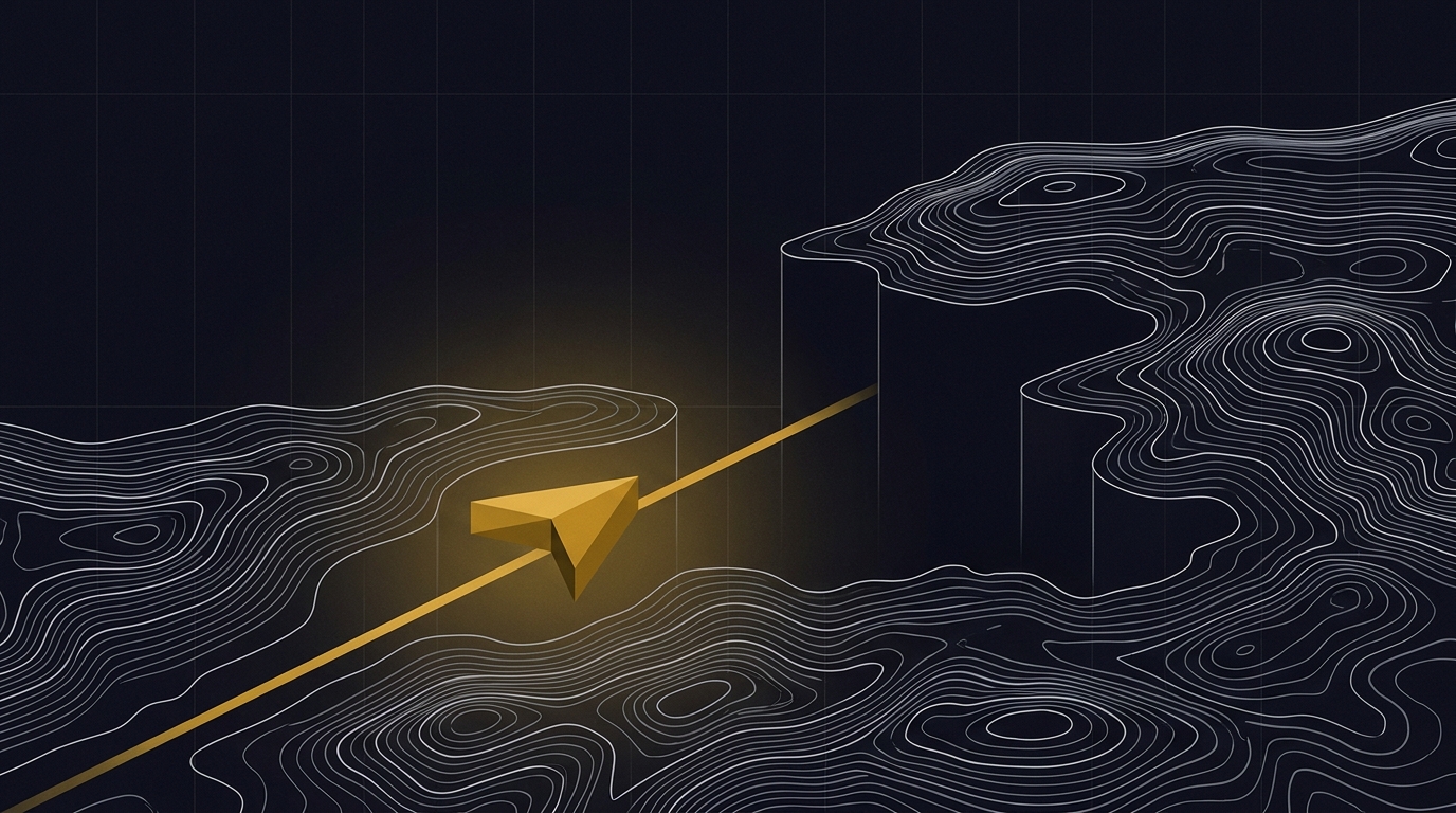 Abstract editorial illustration: a confident gold path tracing across a topographic map that drops into dark voids where its detail is missing.