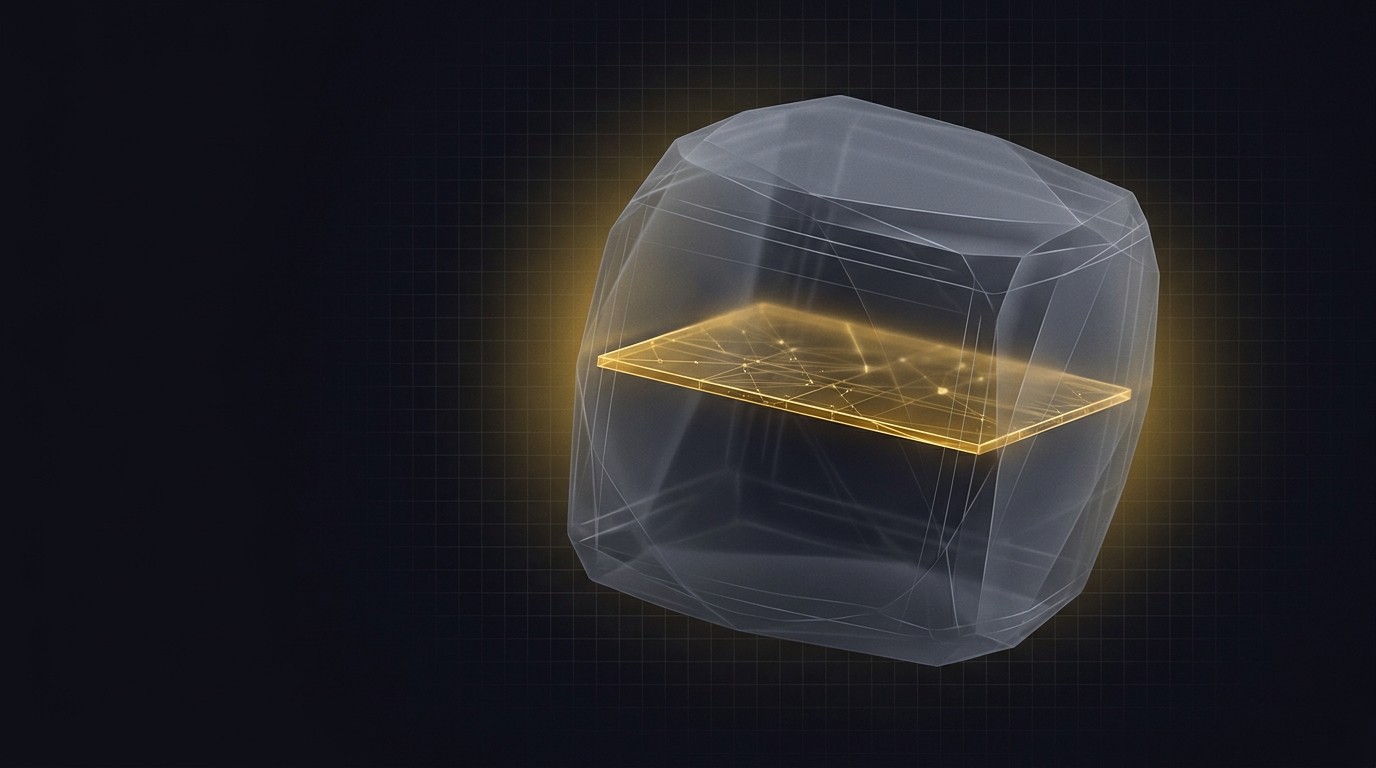 Abstract editorial illustration: one bright gold cross-section glowing inside a much larger translucent volume, the lit sliver only a small slice of the whole.