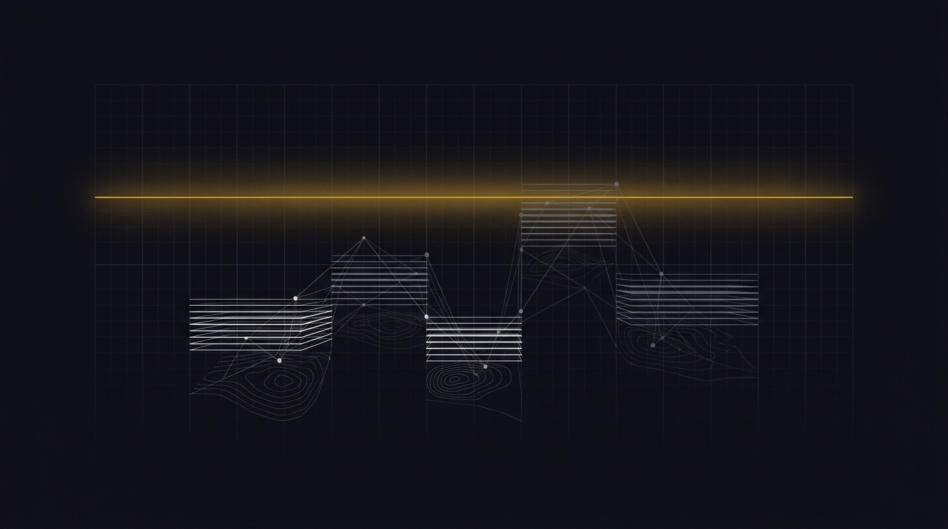 Abstract editorial illustration in Ikona gold and cool grays marking a raised threshold, for the section The bar just changed.