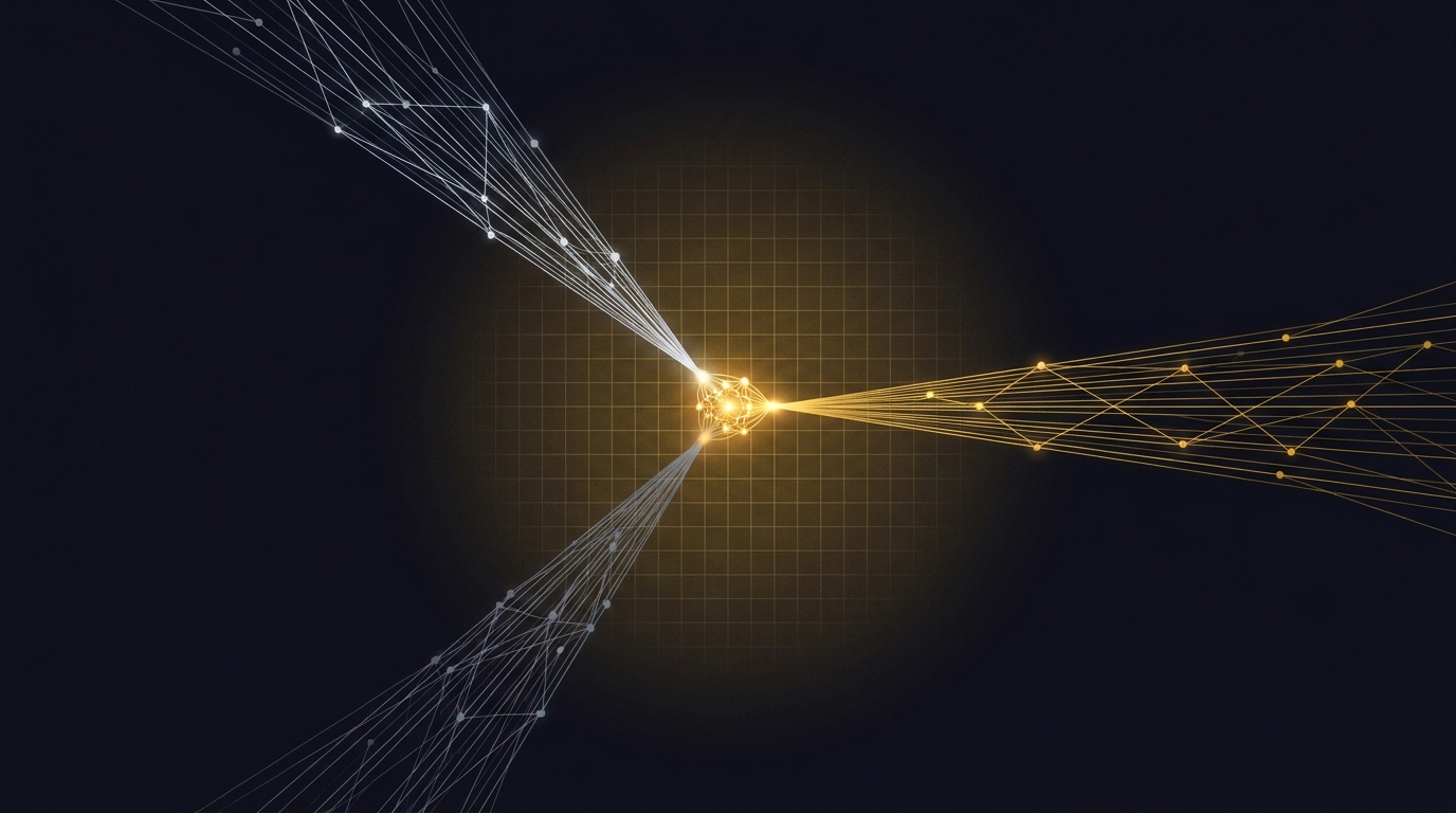 Abstract editorial illustration: three streams of light converging into a single bright gold focal point.