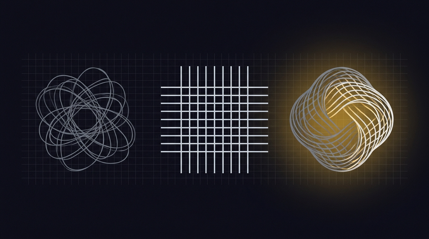 Abstract editorial illustration: three forms evolving left to right — loose organic lines, a rigid lattice, and a final integrated gold form weaving both together.