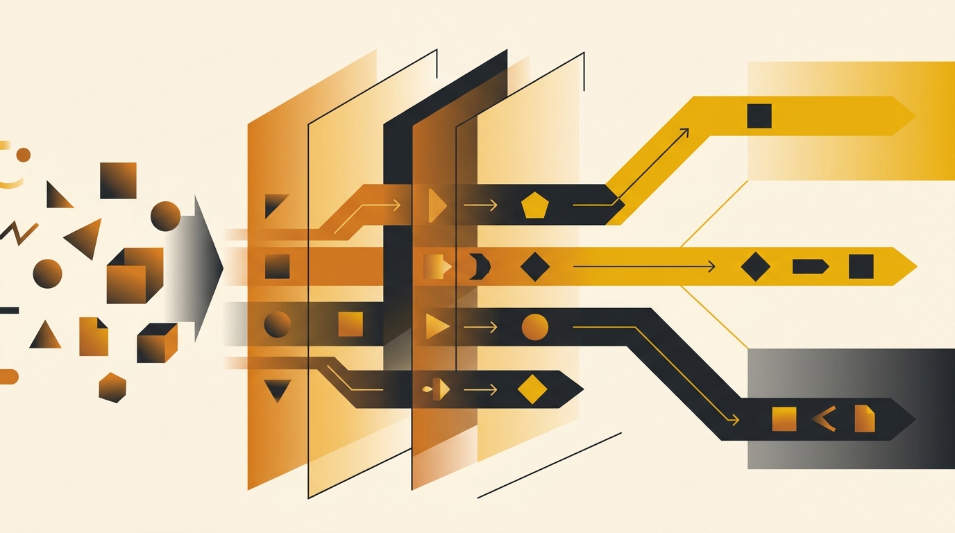 Abstract geometric illustration depicting diverse, unstructured knowledge assets moving through a layered decision matrix that sorts them into distinct outcomes: full retrofit, selective extraction (highlighted in gold), and archive.