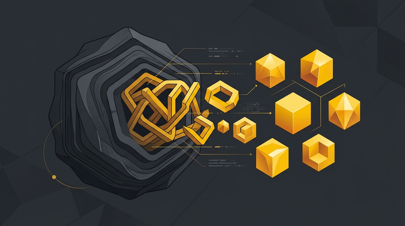 An abstract, geometric illustration in Ikona Analytics' professional style, focusing on precision data extraction. The scene