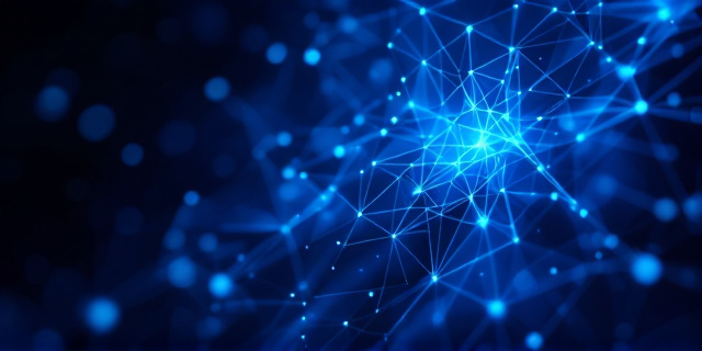 Abstract geometric representation of a fragmented data network with a key hidden connection subtly illuminated by a blue light.