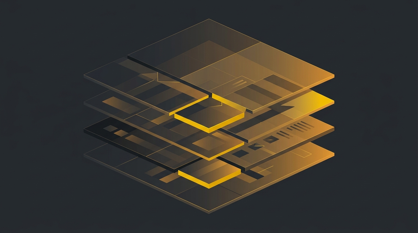 Abstract geometric visualization of four distinct, subtly misaligned layers labeled 'lived', 'intended', 'documented', 'target', illustrating process disconnect.