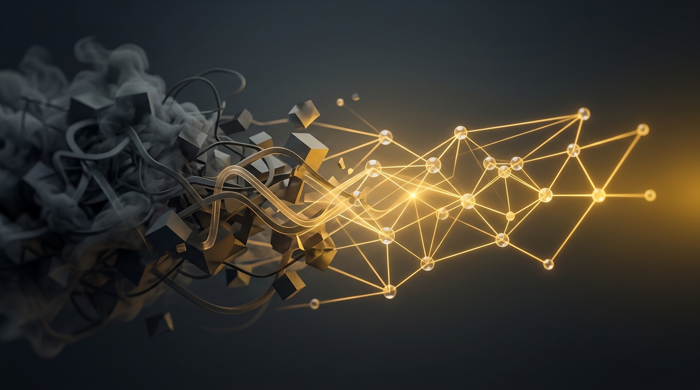 Abstract geometric image showing dense, obscured shapes transforming into a clear, illuminated network of interconnected pathways.