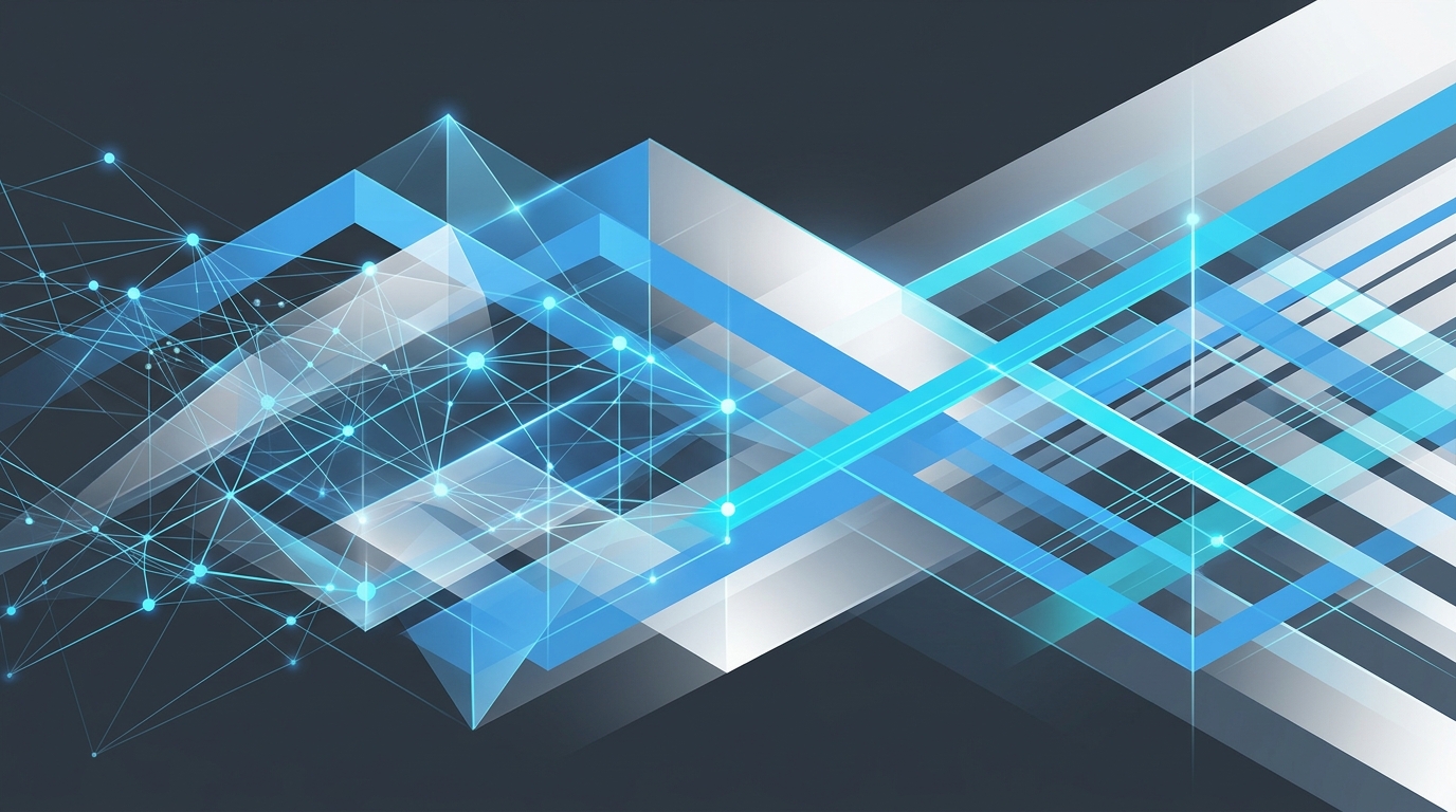 A dynamic, abstract geometric composition optimized for a LinkedIn feed, in the Ikona Analytics brand style. Emphasize the co