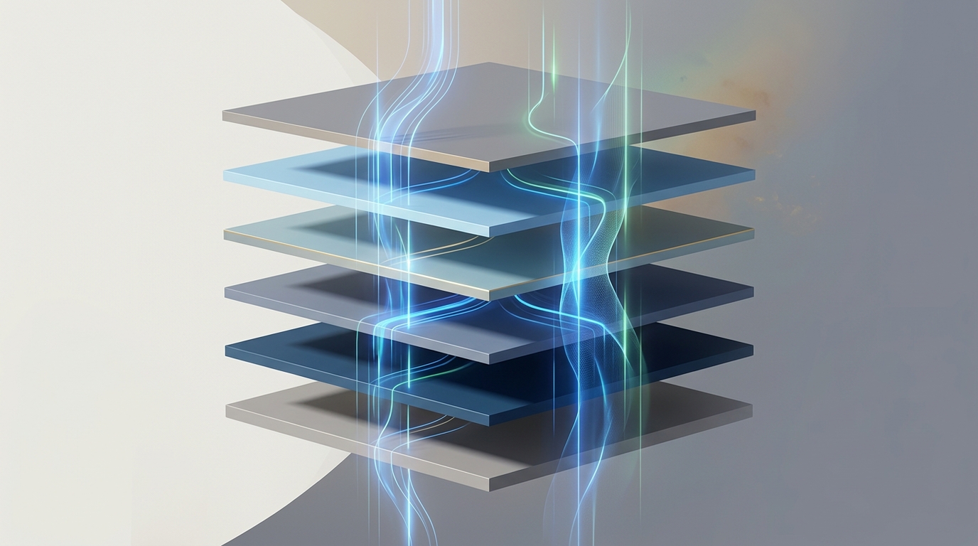 Abstract geometric visual of a six-layered workforce regulation stack, with dynamic, glowing lines representing AI flowing through and accelerating each individual layer.