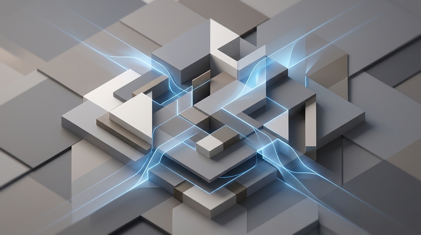 Abstract geometric visual combining layered structures and flowing AI elements, symbolizing the strategic redesign of a workforce operating system.