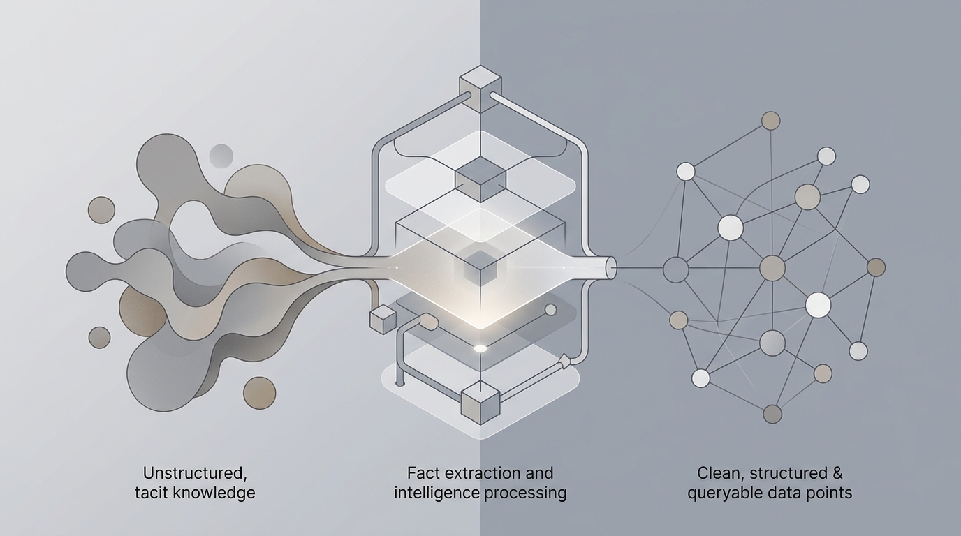 Abstract diagram showing unstructured data flowing through a geometric refinery to become structured, queryable knowledge nodes.