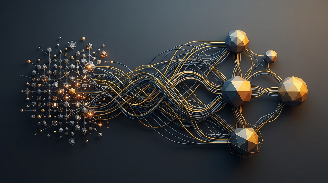 Abstract geometric diagram illustrating three interconnected zones: a cluster of 'Sensors,' a complex network of 'Wiring,' and larger 'Mechanism' hubs, signifying data, connections, and decision points.