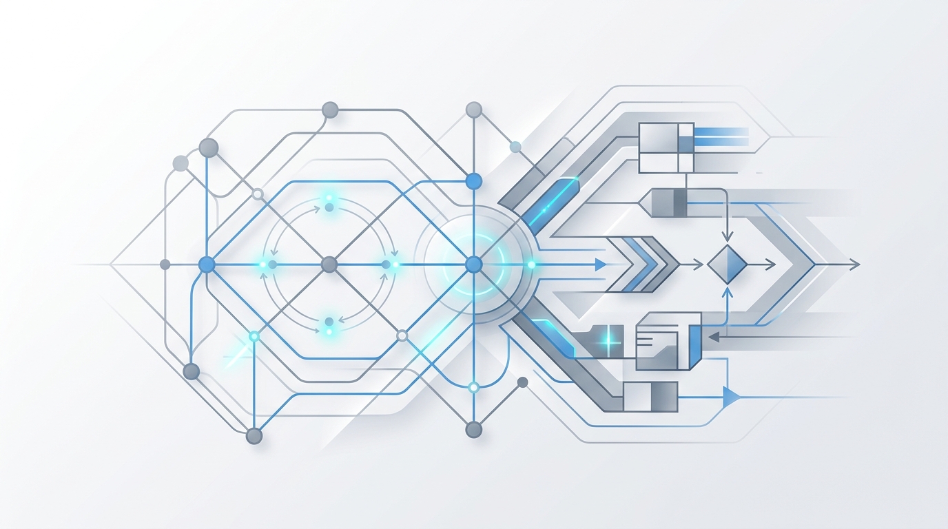 Abstract geometric diagram of Ikona's WSM framework: interconnected 'Wiring,' embedded 'Sensors,' and interlocking 'Mechanisms' form a robust system.