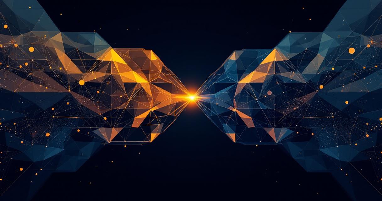Abstract geometric visualization showing two complex, structured systems with a pronounced, highlighted gap between them, symbolizing a critical organizational disconnect in transformation success.