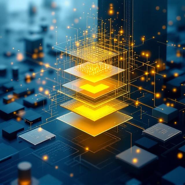 Abstract geometric representation of a multi-layered knowledge processing system, with structured elements refining data into cohesive, glowing #EAB308 intelligence modules.