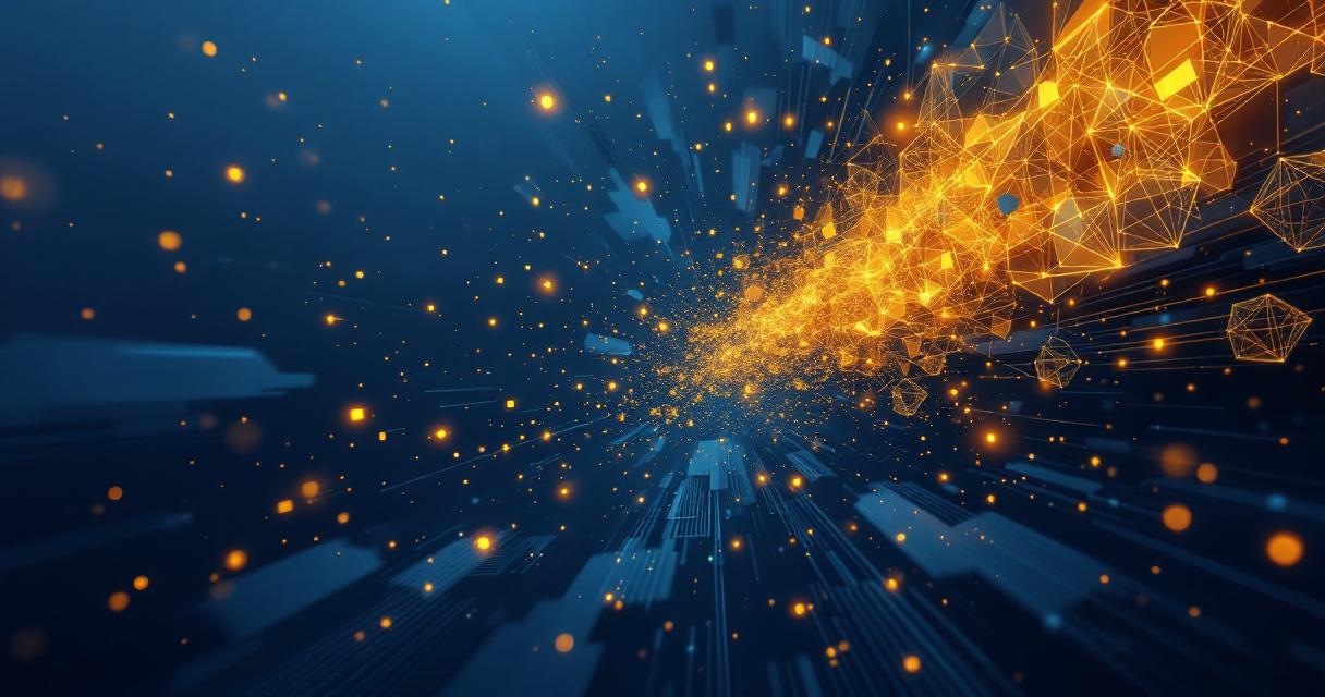 Abstract geometric composition of a central, stable core from which glowing #EAB308 knowledge fragments are subtly detaching, against a professional blue-gray background.