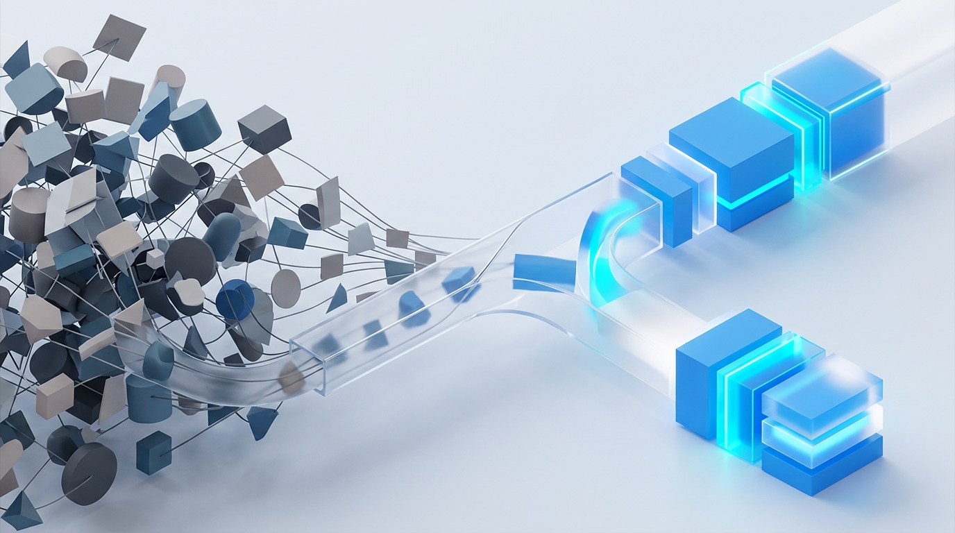 Dynamic, abstract geometric composition, optimized for social media. On the left, a dense, interconnected cluster of raw, var