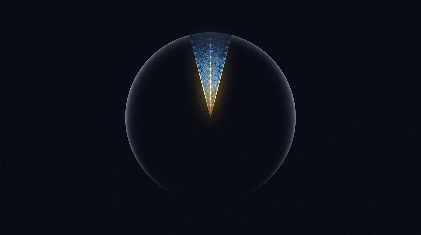 A mostly unlit sphere with one narrow wedge fully resolved into bright ordered blue and gold structure