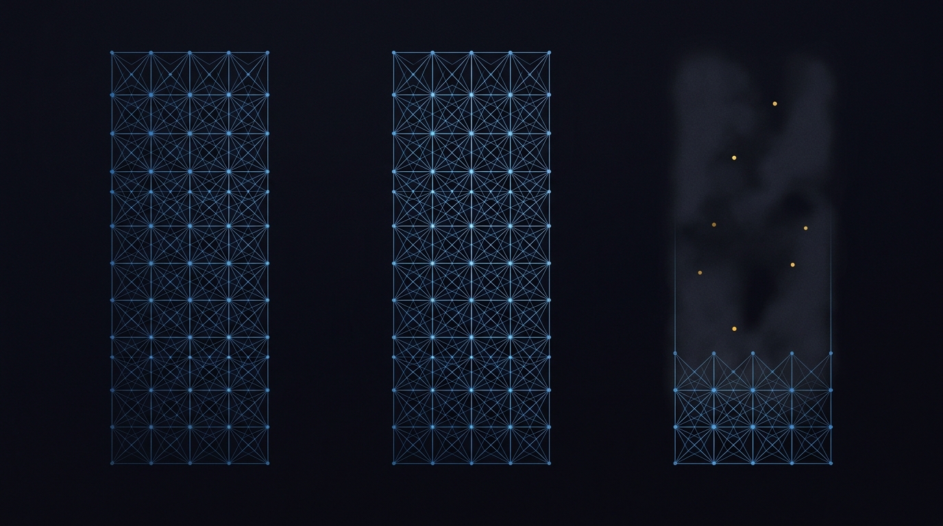 Three identical volumes, two rendered as dense ordered lattices and the third dissolving into unlit haze above its base